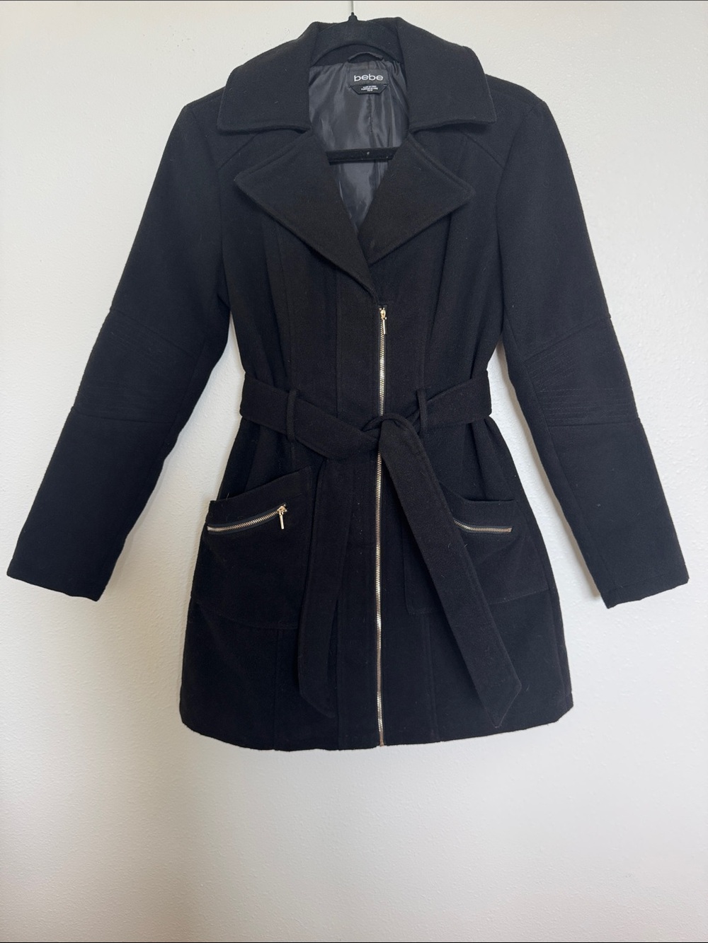 bebe Black Belted Trench Coat with Gold Zippers